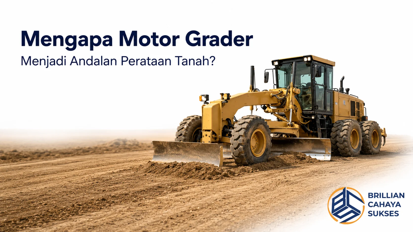 Motor grader melakukan perataan tanah secara presisi pada proyek konstruksi sebagai ilustrasi keunggulan alat berat untuk pekerjaan grading dan earthwork.