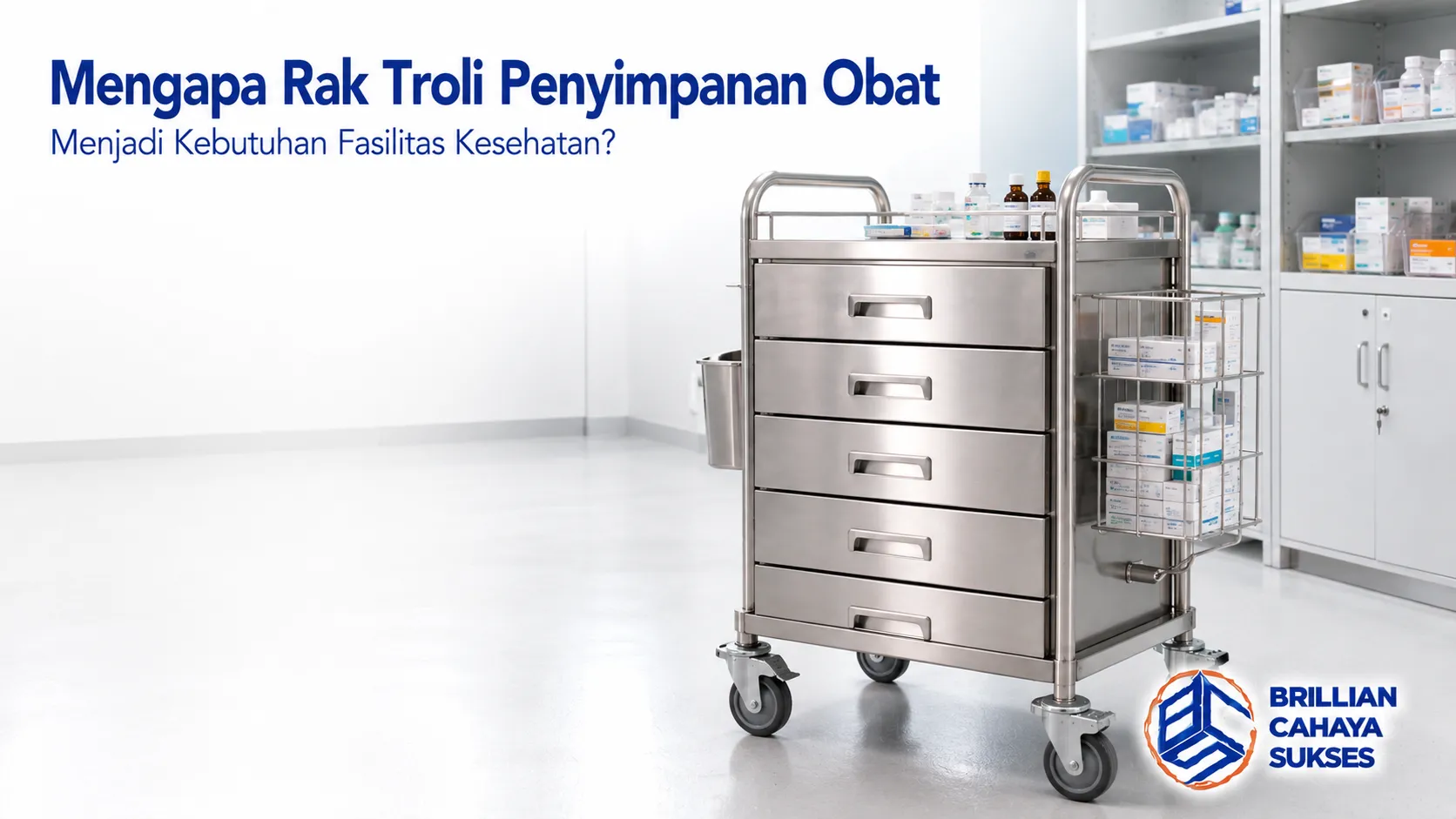Rak troli penyimpanan obat berbahan stainless steel sebagai solusi penyimpanan dan distribusi obat yang aman di fasilitas kesehatan.