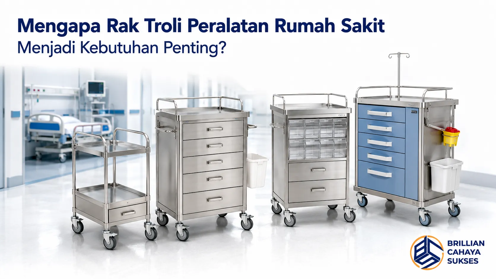 Rak troli peralatan rumah sakit berbahan stainless steel untuk mendukung penyimpanan dan mobilitas alat medis di fasilitas kesehatan.