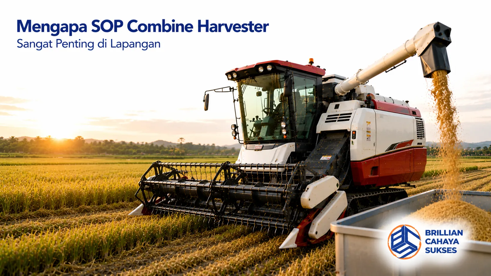 Combine harvester beroperasi di lahan padi sesuai prosedur operasional untuk mendukung proses panen yang aman dan efisien.