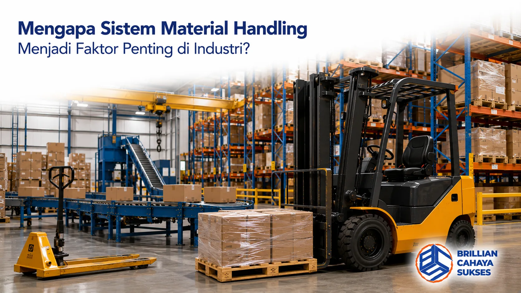 Forklift beroperasi di area gudang sebagai bagian dari sistem material handling untuk mendukung perpindahan dan penyimpanan barang secara efisien.