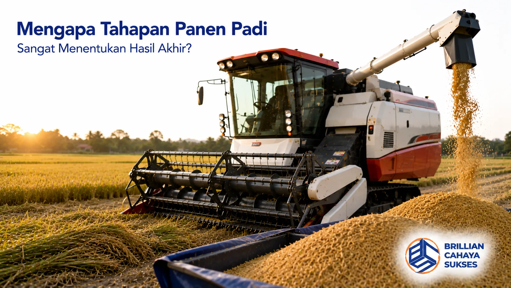 Combine harvester memanen padi di lahan pertanian dengan proses yang terintegrasi untuk menghasilkan gabah berkualitas dan meminimalkan kehilangan hasil.
