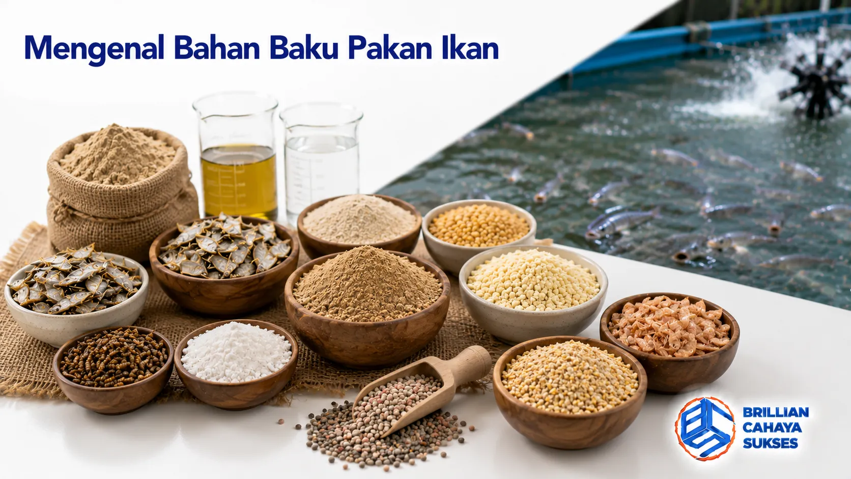 Berbagai bahan baku pakan ikan seperti tepung ikan, biji-bijian, dan bahan sumber protein sebagai ilustrasi penyusun pakan berkualitas.