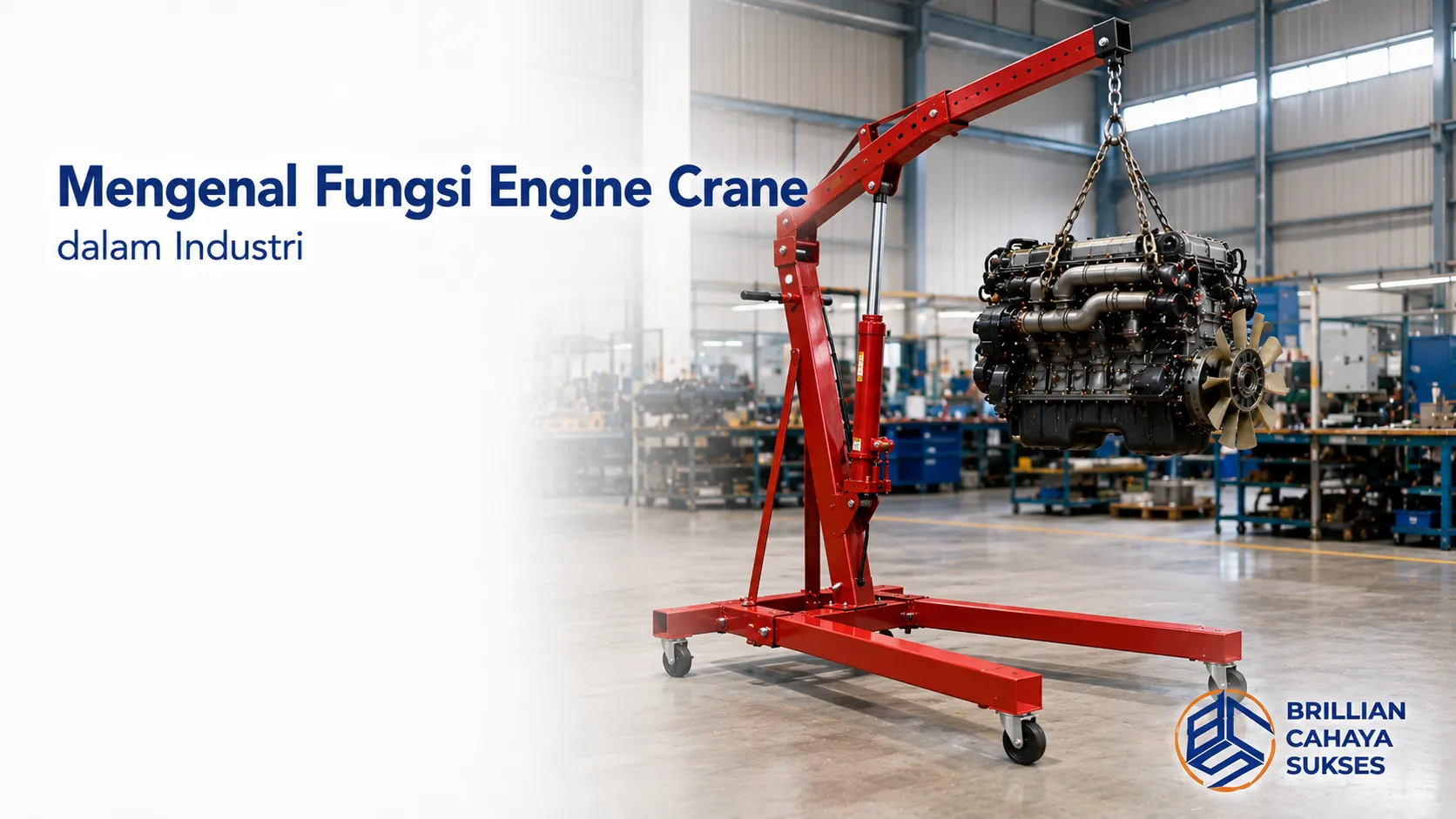 Engine crane digunakan untuk mengangkat dan memindahkan mesin berat secara aman di lingkungan industri.