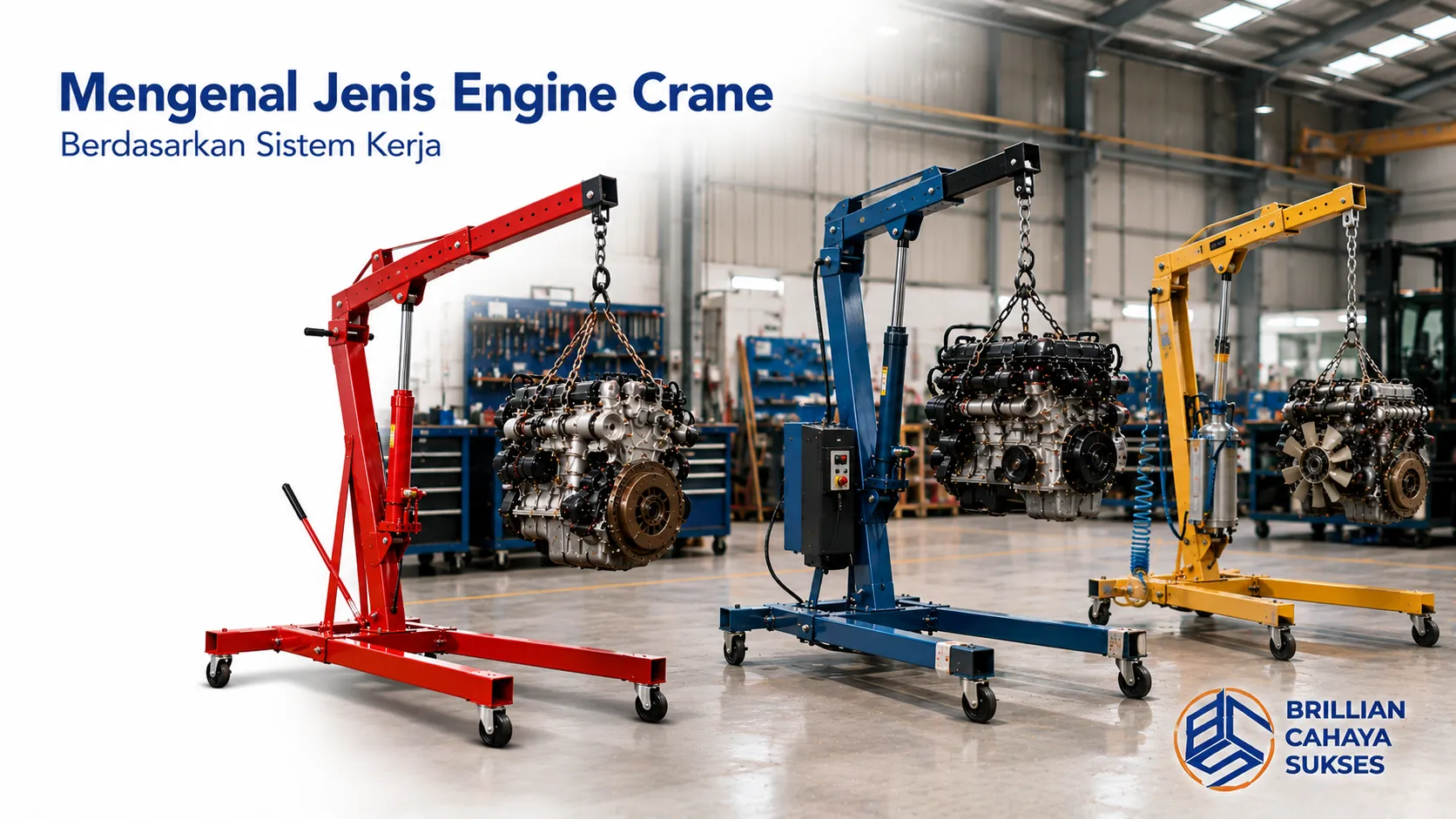 Berbagai jenis engine crane berdasarkan sistem kerja untuk mendukung proses pengangkatan mesin secara efisien.