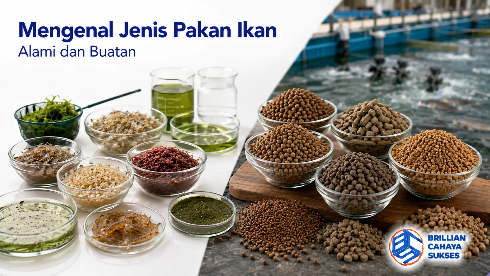 Berbagai jenis pakan ikan alami dan buatan sebagai ilustrasi perbedaan sumber nutrisi untuk mendukung pertumbuhan ikan budidaya.