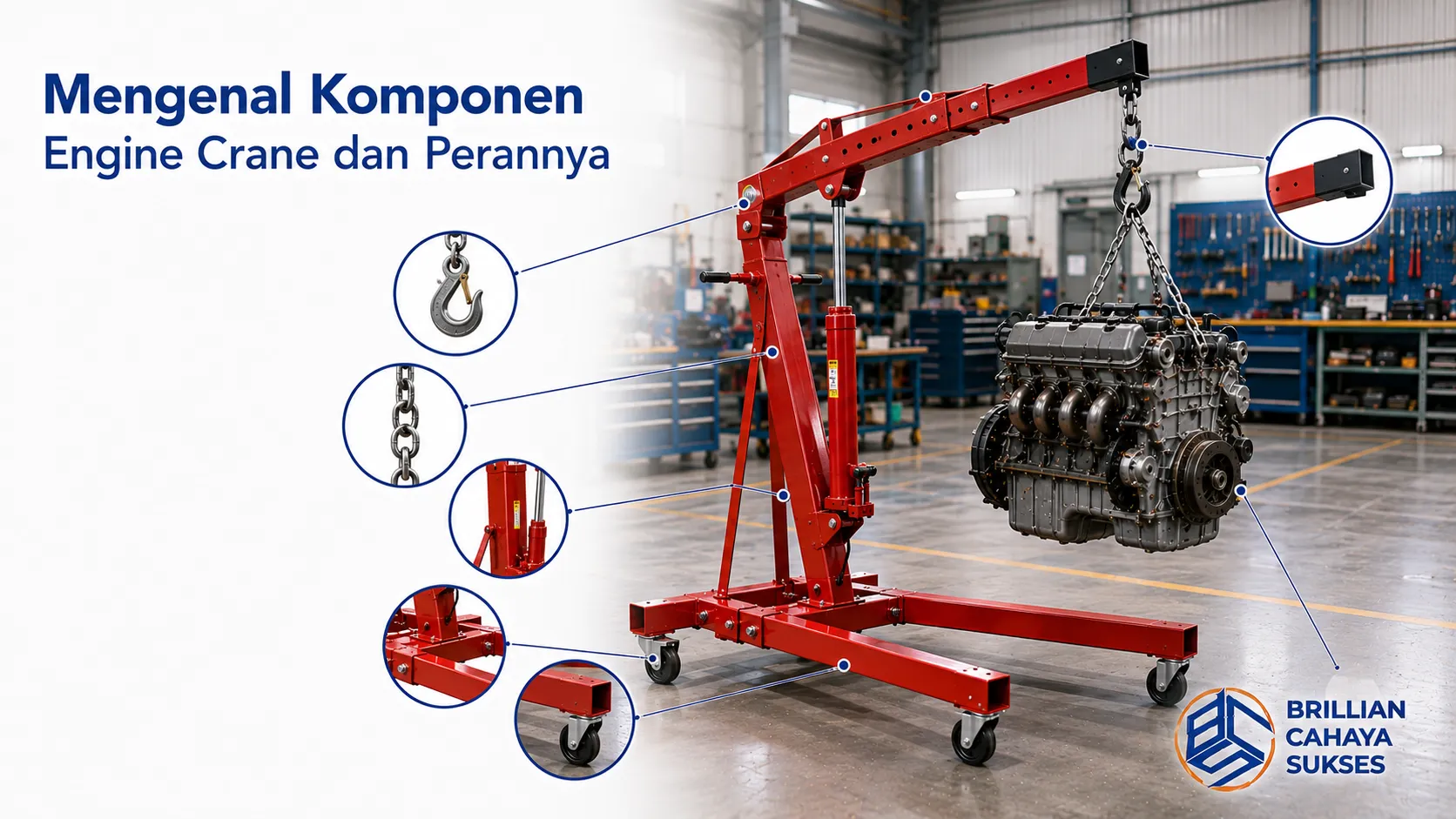 Komponen engine crane yang mendukung proses pengangkatan mesin secara aman dan efisien.