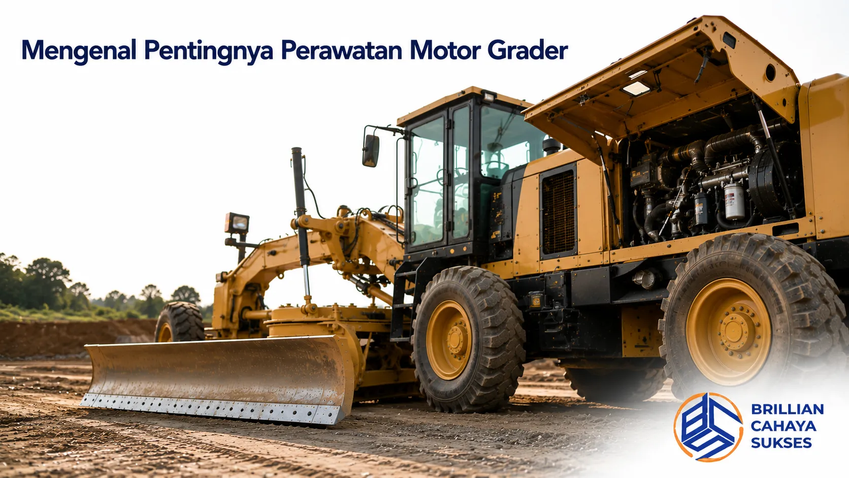 Motor grader dengan ruang mesin terbuka sebagai ilustrasi perawatan rutin untuk menjaga performa dan keandalan alat berat di proyek konstruksi.