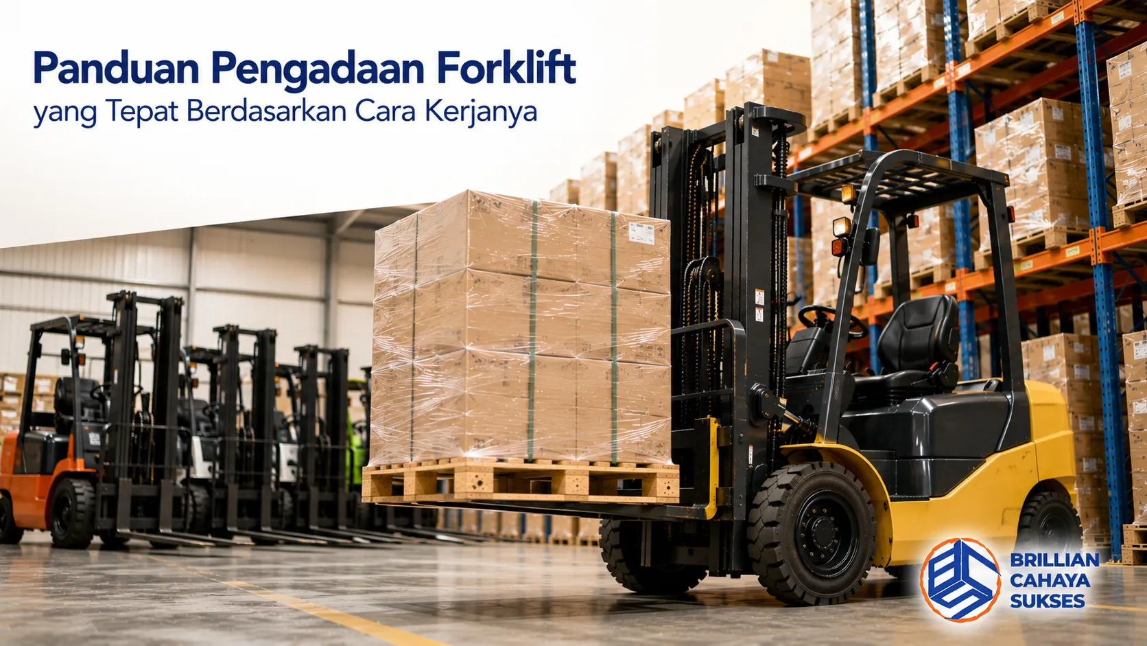 Forklift mengangkat pallet di dalam gudang sebagai ilustrasi panduan memilih forklift sesuai kebutuhan operasional dan spesifikasi.