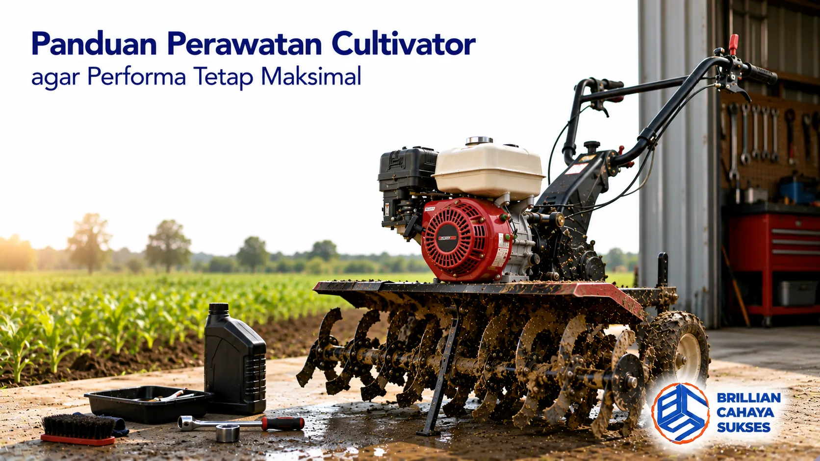 Cultivator dan perlengkapan perawatan di area pertanian sebagai ilustrasi perawatan rutin untuk menjaga performa mesin tetap optimal.