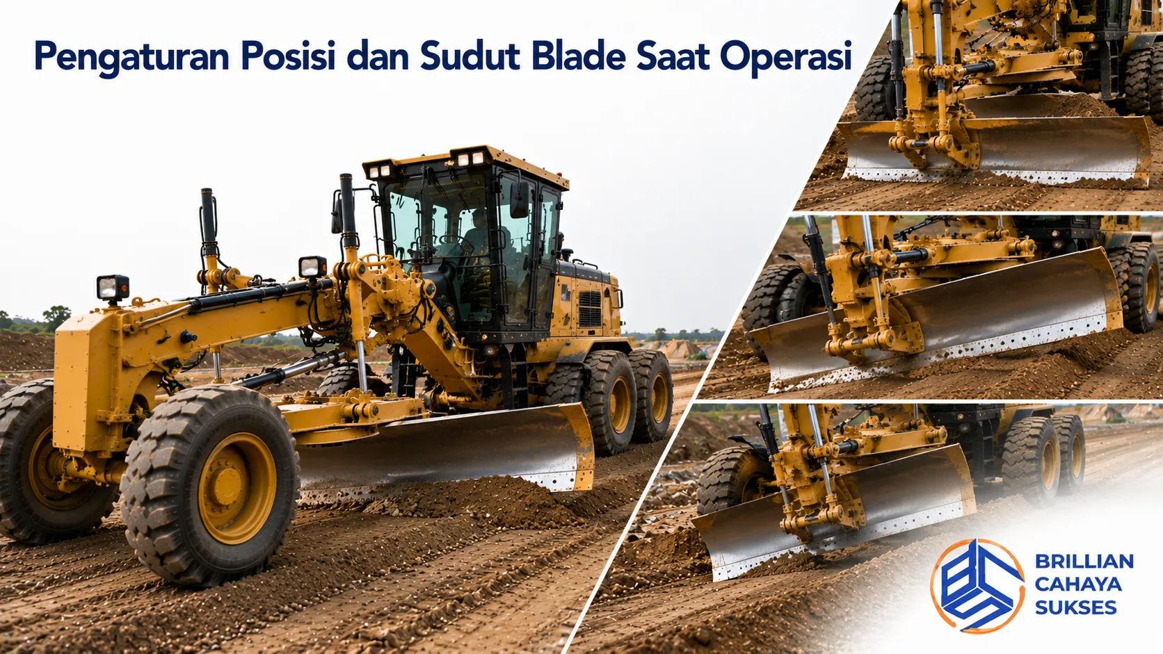 Blade motor grader diatur pada berbagai sudut dan elevasi menggunakan sistem hidrolik untuk menghasilkan proses grading yang presisi.