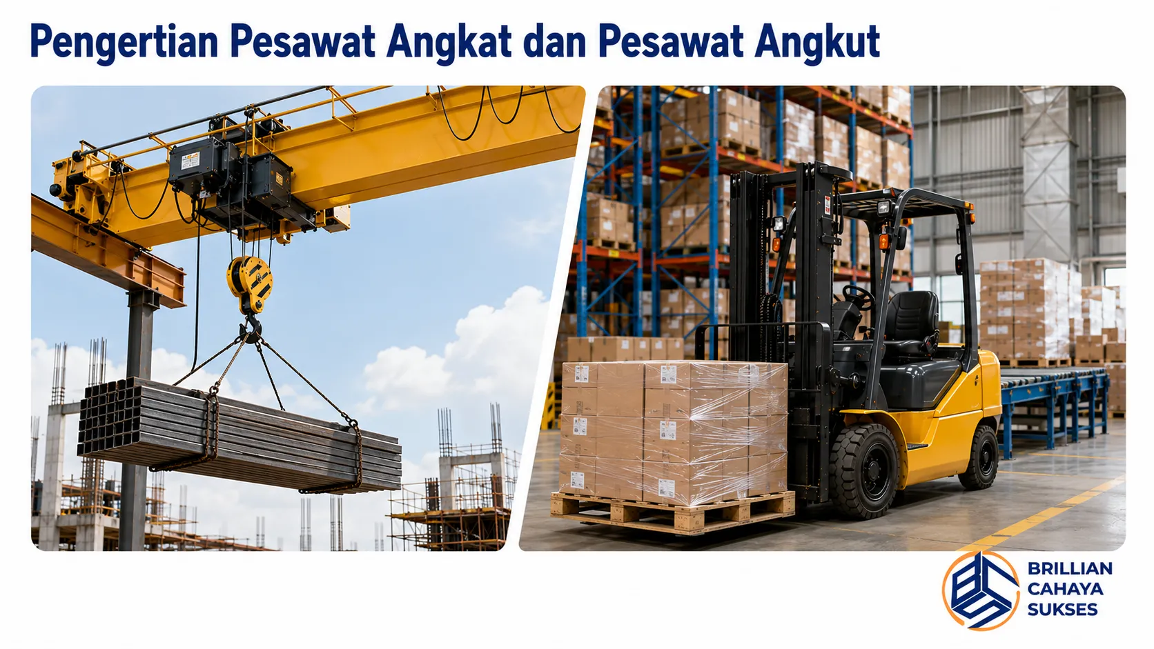 Ilustrasi realistis yang menampilkan pesawat angkat berupa overhead crane dan pesawat angkut berupa forklift sebagai peralatan utama untuk proses material handling di sektor industri.