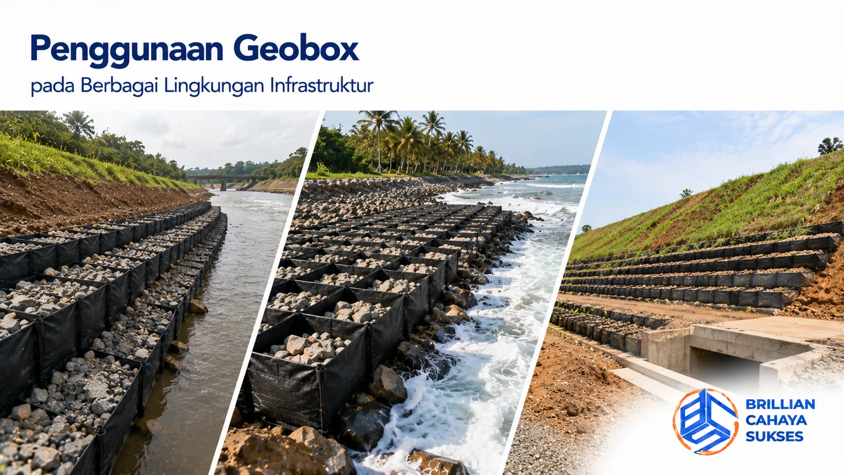 Geobox untuk perlindungan lereng, sungai, dan kawasan pesisir pada proyek infrastruktur.