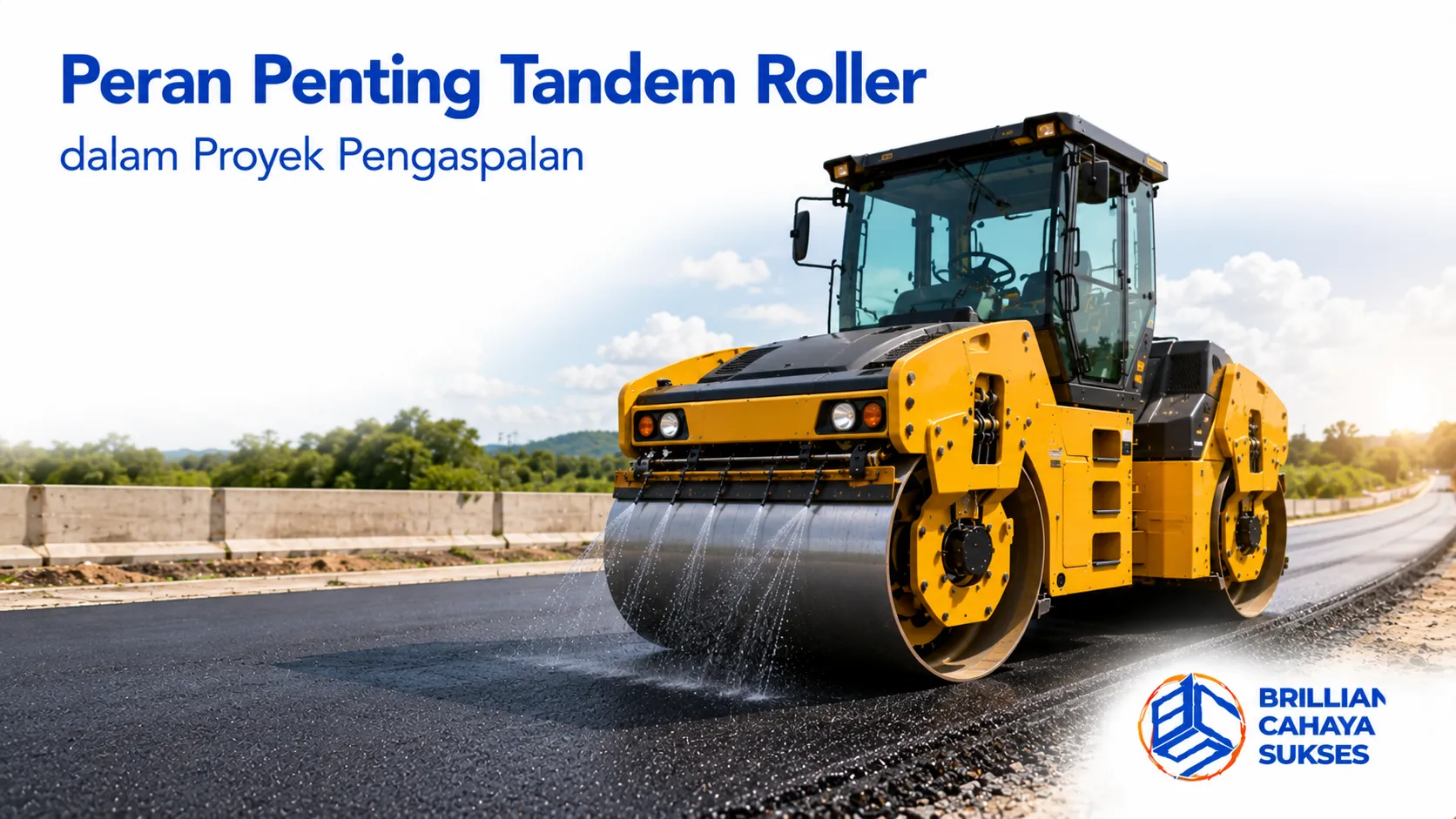 Tandem roller memadatkan lapisan aspal untuk menghasilkan permukaan jalan yang rata dan berkualitas.