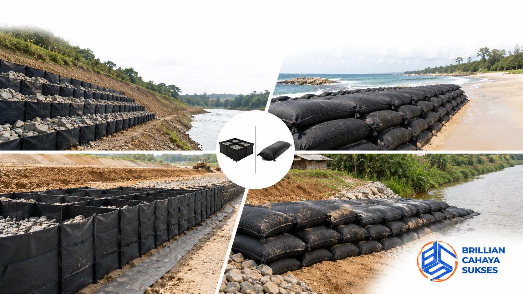 Perbandingan aplikasi geobox dan geobag untuk perlindungan pantai, sungai, dan stabilisasi tanah.