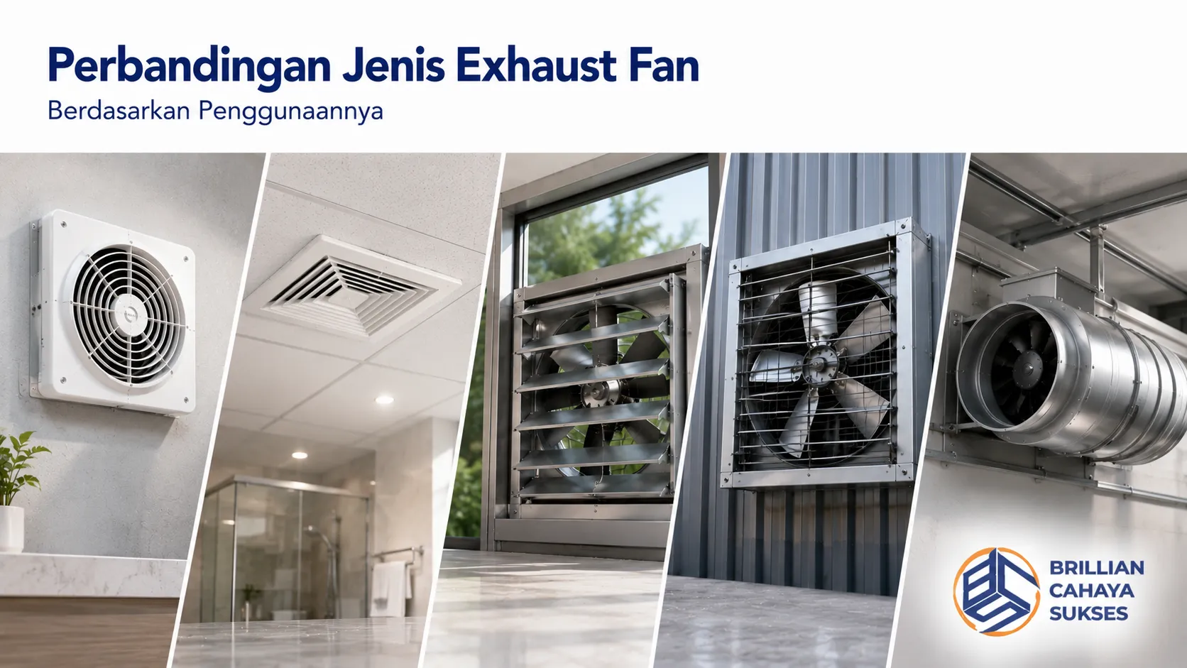 Beragam jenis exhaust fan untuk kebutuhan rumah, perkantoran, hingga industri yang mendukung sistem ventilasi sesuai fungsi bangunan.