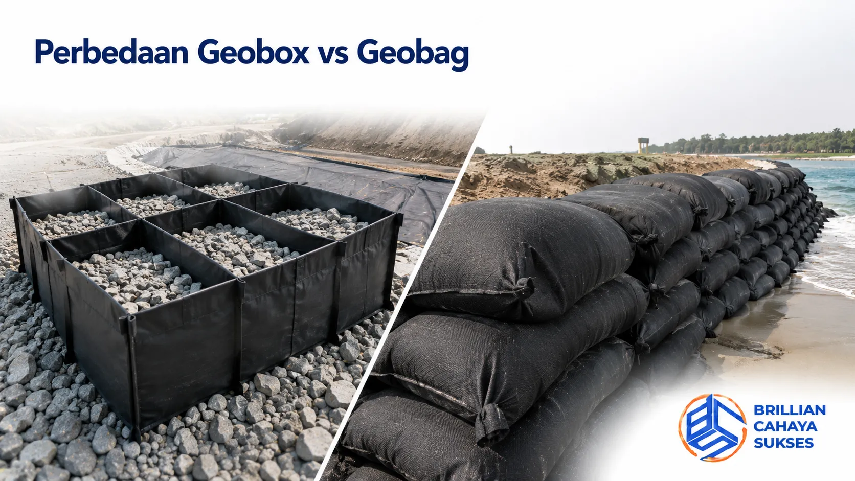 Perbandingan geobox dan geobag untuk kebutuhan perlindungan lereng, pantai, dan pengendalian erosi.