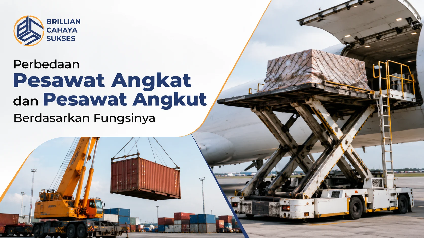 Ilustrasi perbedaan pesawat angkat dan pesawat angkut berdasarkan fungsinya untuk kebutuhan industri, logistik, dan konstruksi.