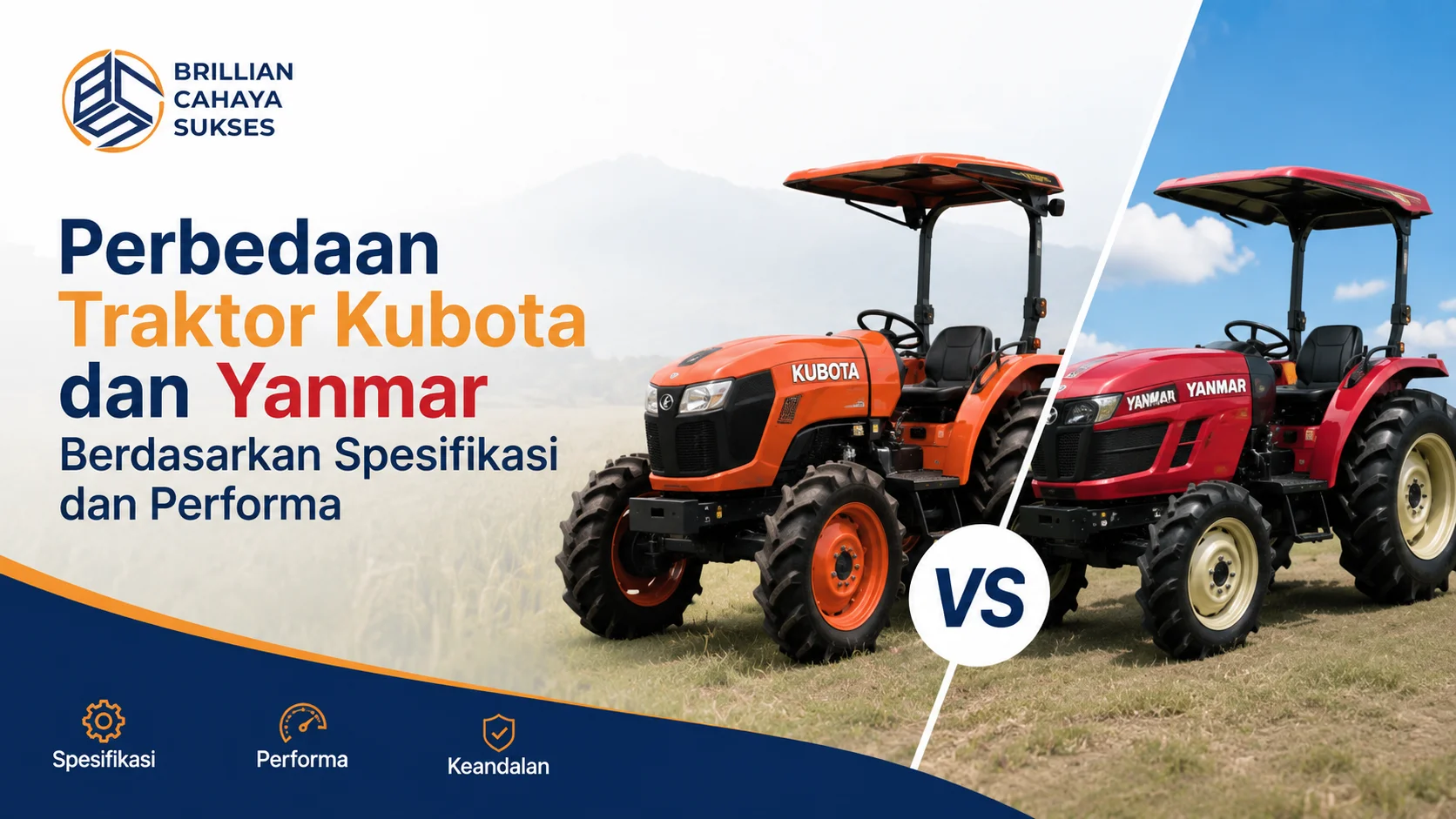 Ilustrasi Gambar Perbedaan traktor Kubota dan Yanmar berdasarkan spesifikasi dan performa untuk kebutuhan pertanian modern.