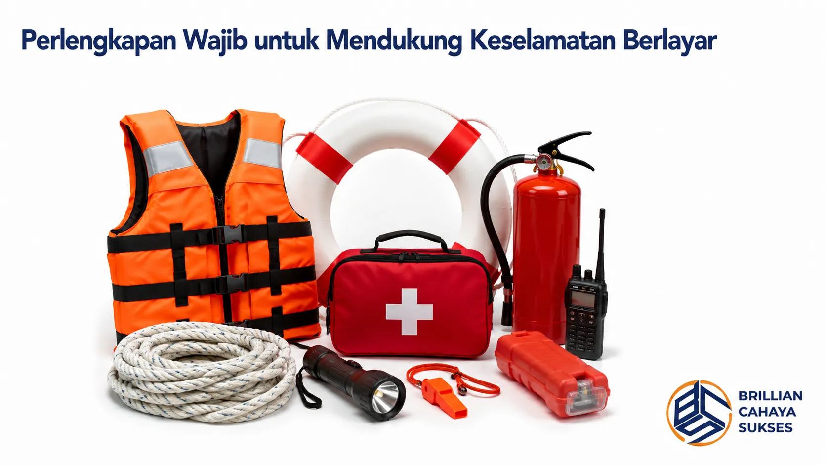 Perlengkapan keselamatan berlayar seperti jaket pelampung, pelampung cincin, kotak P3K, APAR, tali tambat, senter, peluit, dan alat komunikasi ditampilkan secara realistis di atas latar putih.
