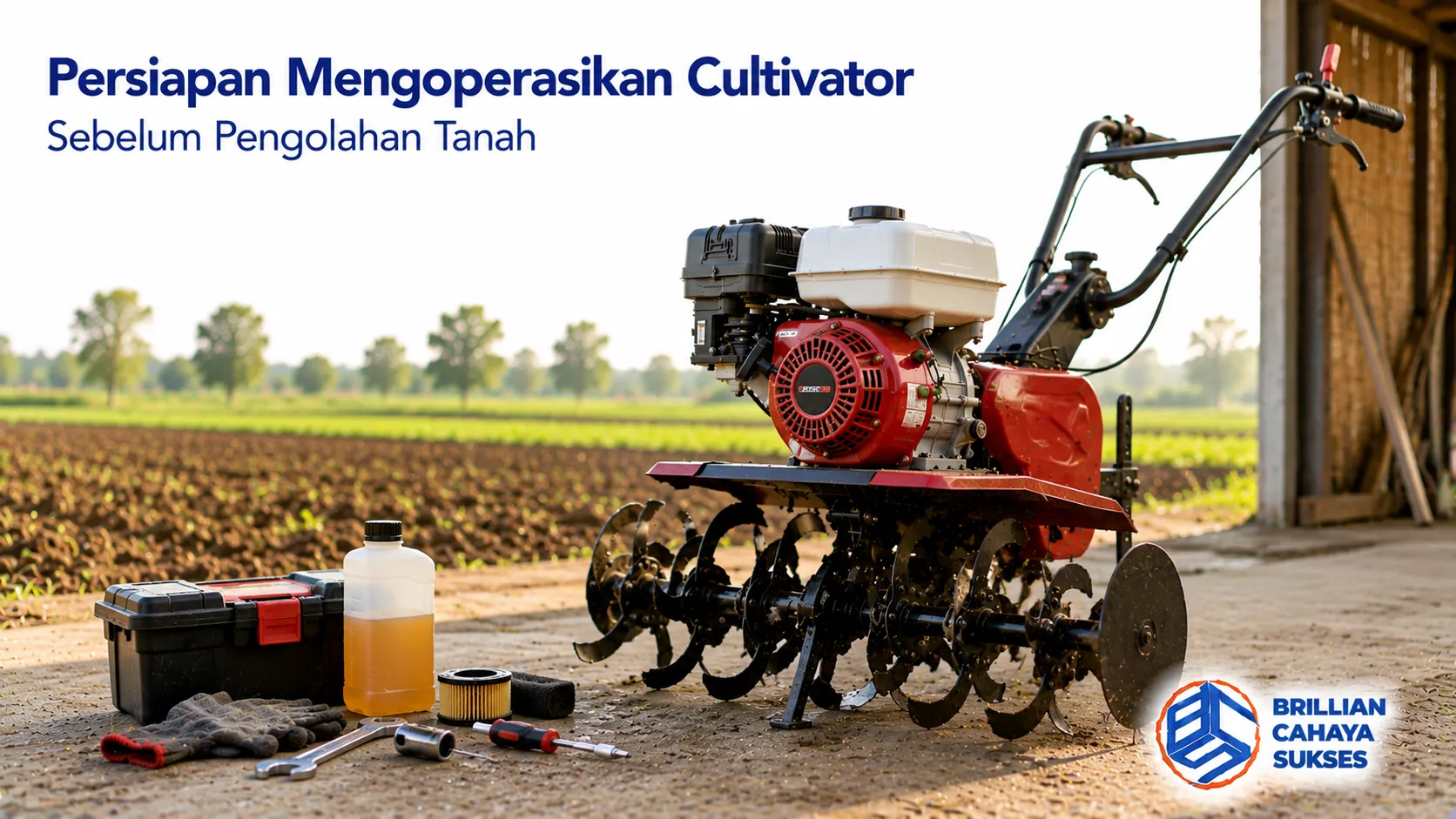 Cultivator dan perlengkapan pendukung disiapkan sebelum pengolahan tanah untuk memastikan proses kerja berjalan optimal.