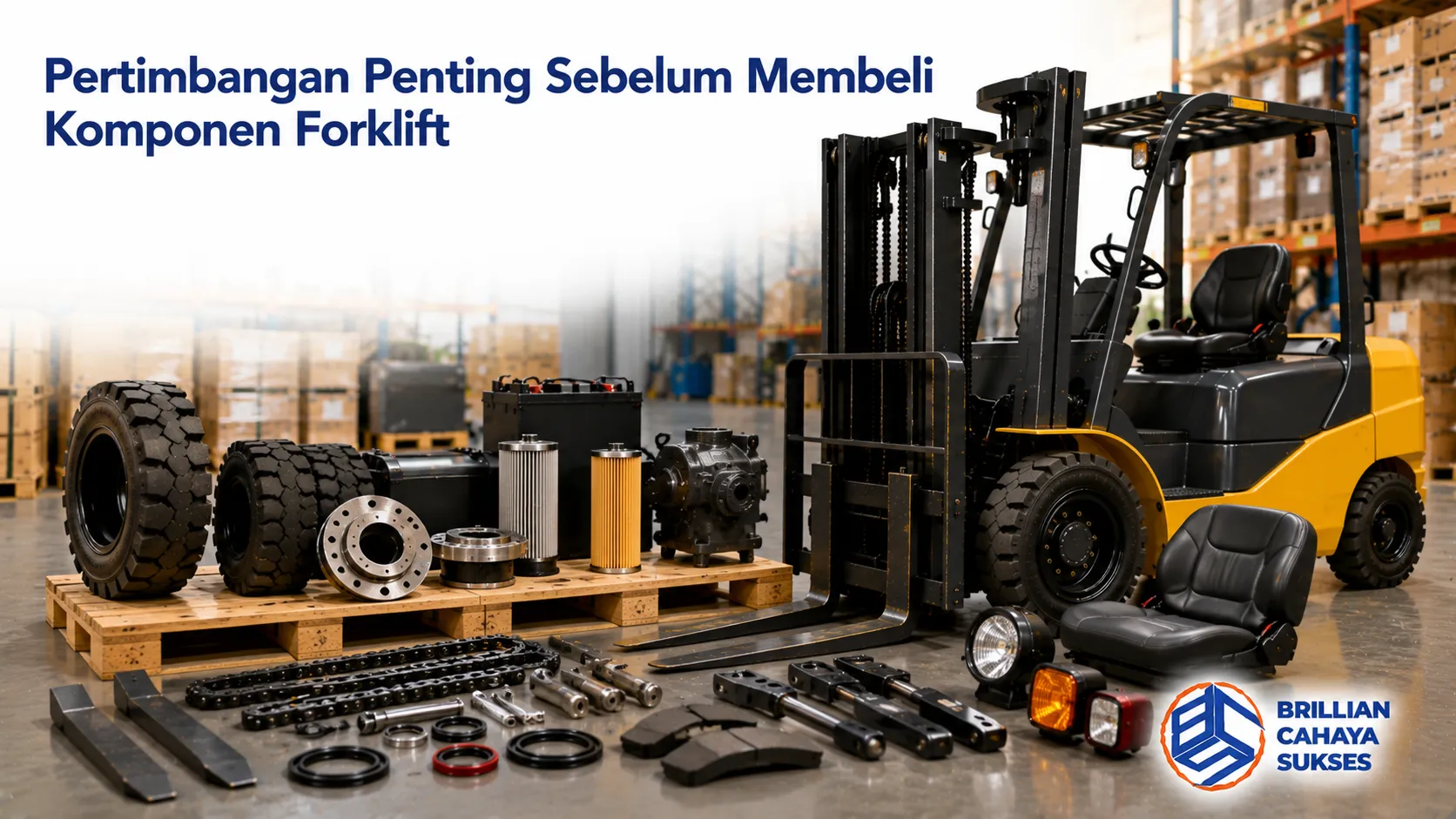 Komponen forklift seperti garpu, ban, rantai, dan sistem hidrolik yang mendukung operasional material handling secara optimal.