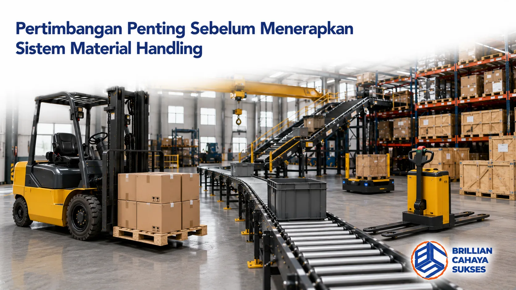 Sistem material handling di area gudang dengan forklift dan conveyor untuk mendukung proses perpindahan barang yang efisien.