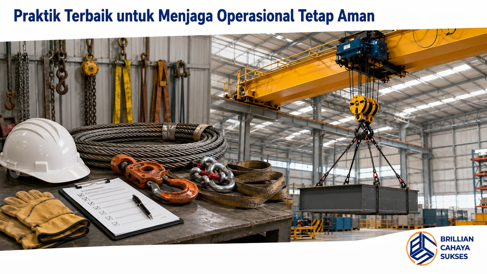 Ilustrasi realistis proses pengoperasian pesawat angkat dengan perlengkapan lifting, APD, dan pemeriksaan peralatan untuk mendukung operasional yang aman di lingkungan industri.