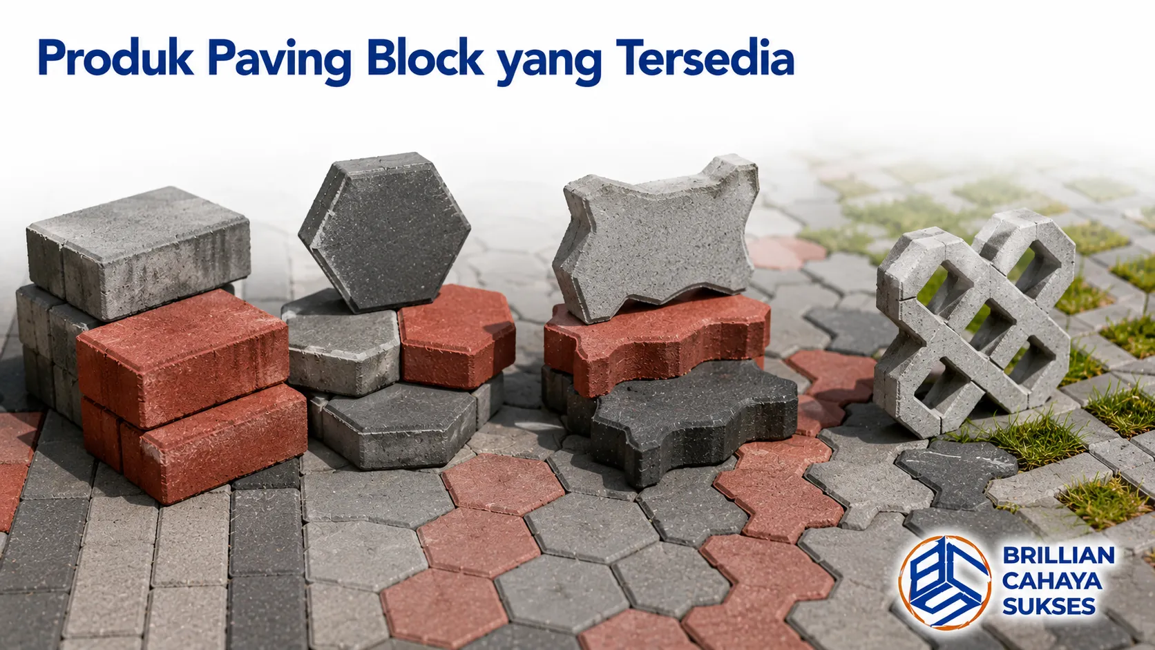 Produk paving block berbagai bentuk dan ukuran untuk kebutuhan proyek infrastruktur.