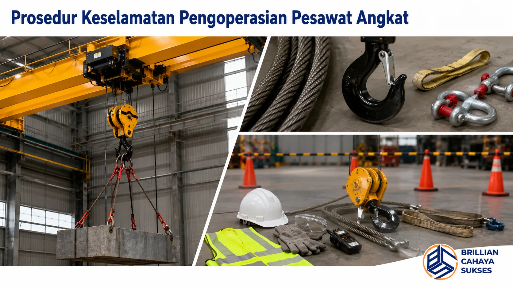 Ilustrasi realistis proses pengoperasian pesawat angkat dengan perlengkapan lifting, wire rope, hook, dan area kerja yang mendukung penerapan prosedur keselamatan kerja.