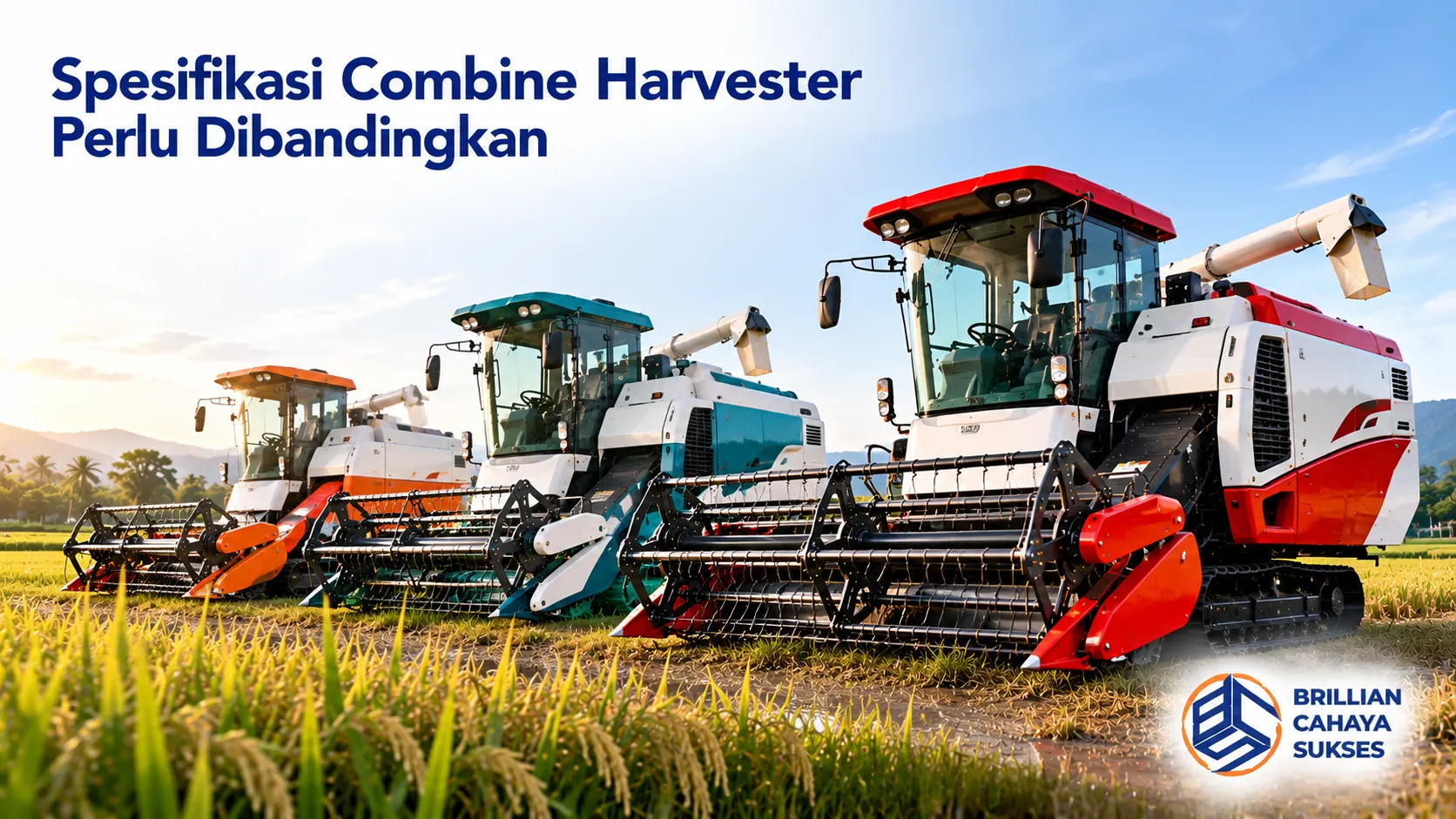 Beberapa unit combine harvester ditampilkan di area persawahan untuk membandingkan spesifikasi dan kapasitas panen sesuai kebutuhan operasional.