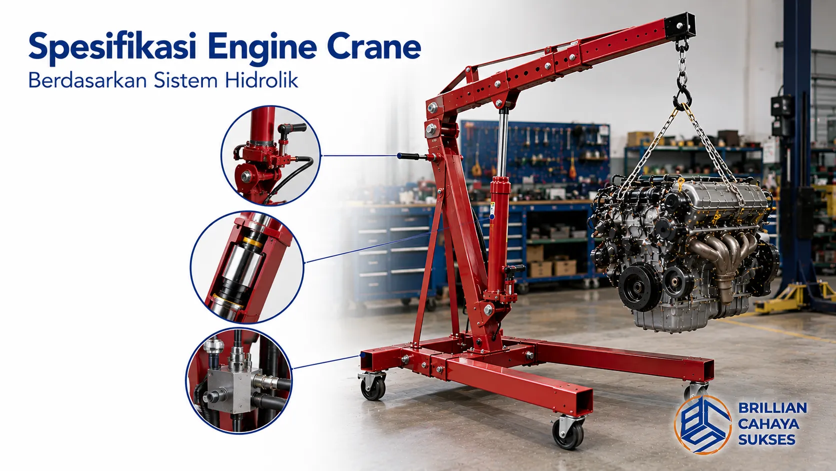 Spesifikasi engine crane dengan sistem hidrolik untuk pengangkatan mesin yang aman dan stabil.