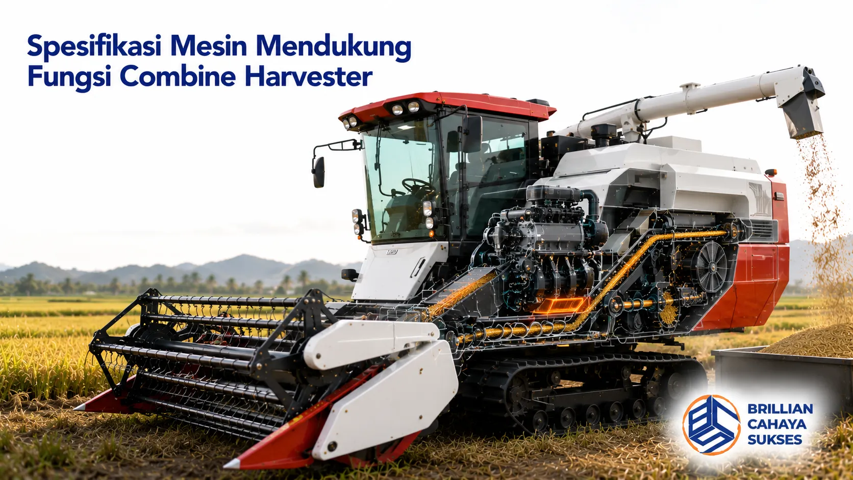 Combine harvester modern di area persawahan yang menampilkan komponen utama mesin untuk mendukung proses panen padi secara efisien.