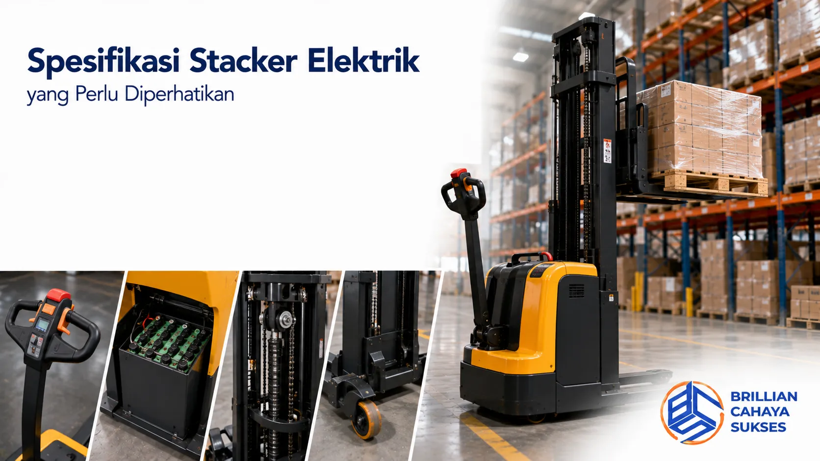 Stacker elektrik mengangkat pallet di gudang modern dengan fokus pada komponen utama dan spesifikasi unit.