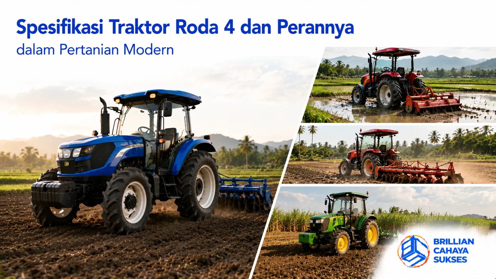 Traktor roda 4 modern digunakan untuk mendukung pengolahan lahan pertanian secara efisien dan produktif.