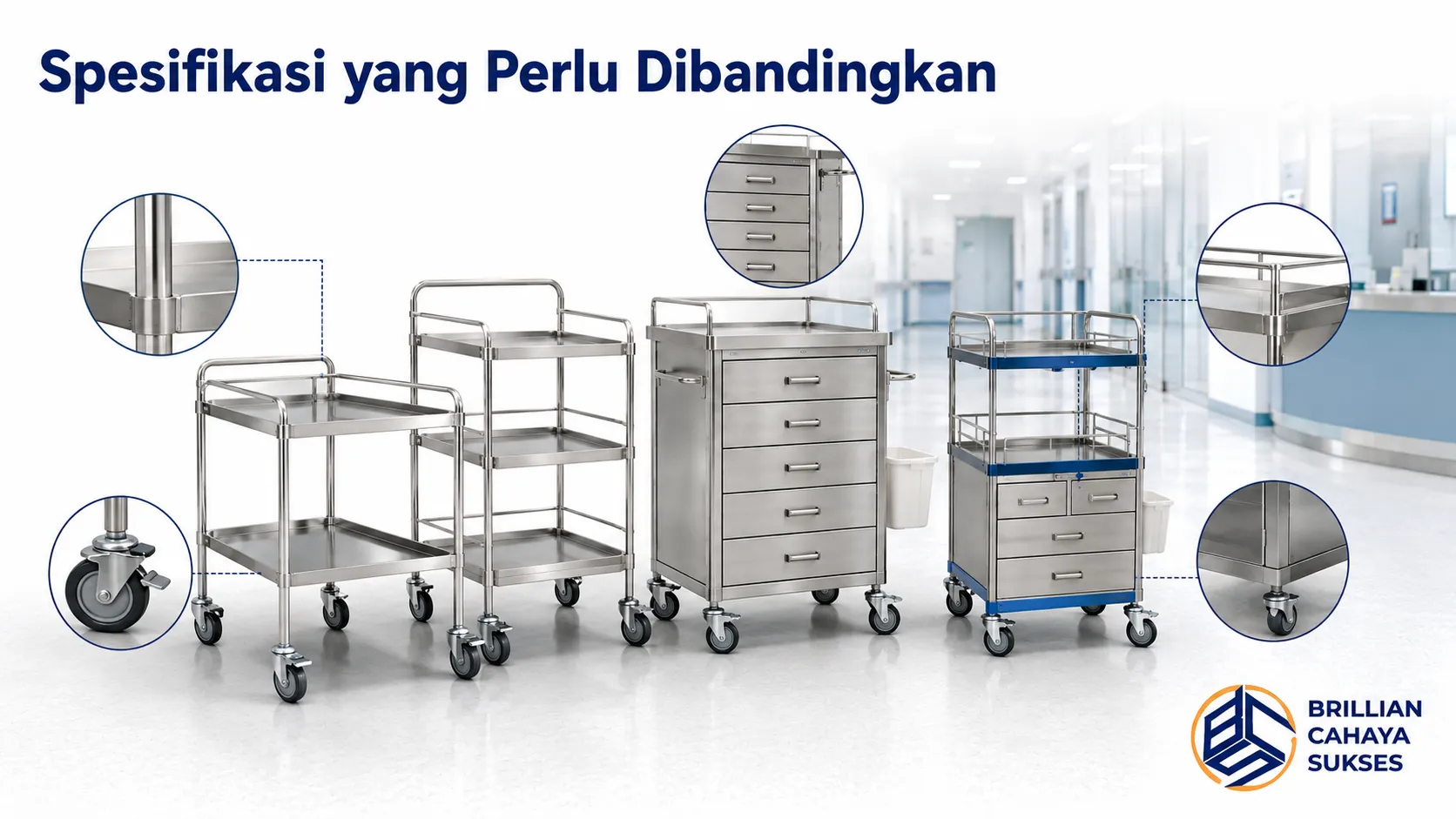 Rak troli rumah sakit stainless steel dengan berbagai spesifikasi untuk mendukung kebutuhan operasional fasilitas kesehatan.