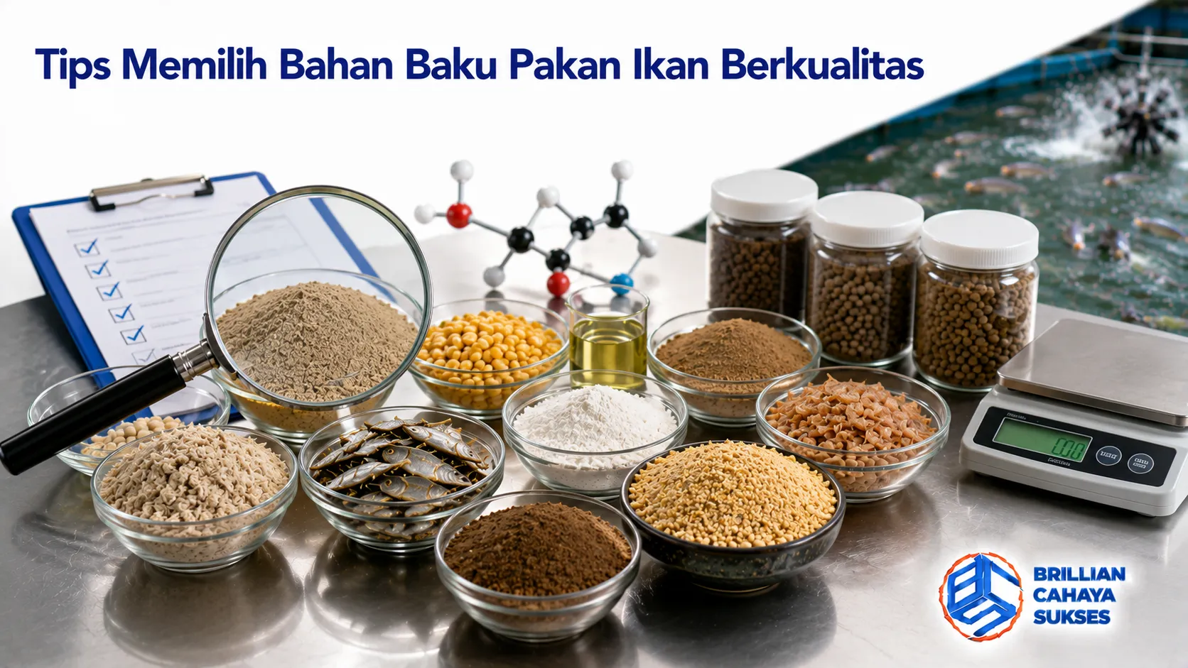 Berbagai bahan baku pakan ikan berkualitas sebagai ilustrasi proses pemilihan bahan yang tepat untuk menghasilkan pakan bernutrisi tinggi.