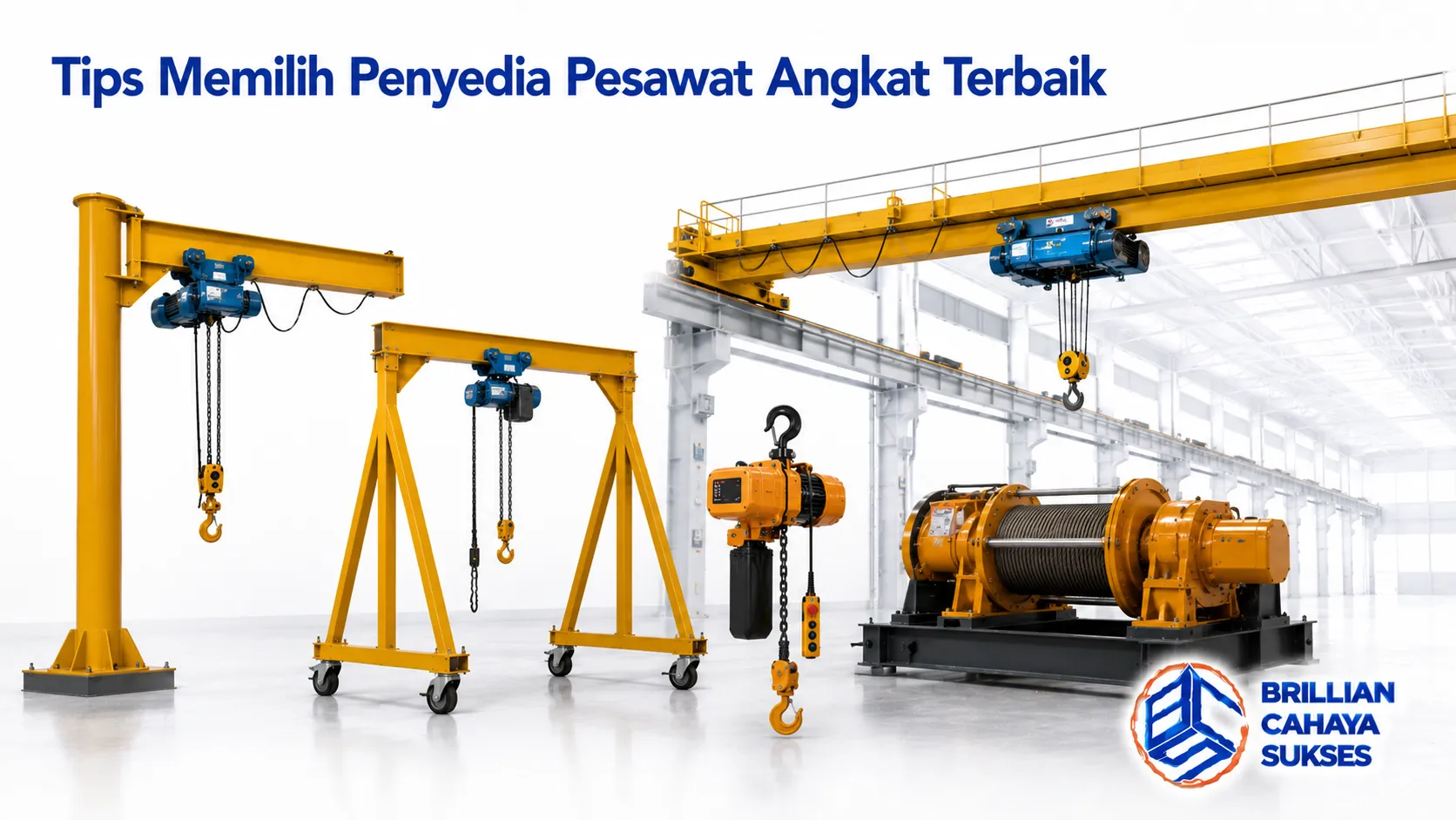 Berbagai pesawat angkat industri ditampilkan sebagai ilustrasi pemilihan penyedia yang tepat untuk mendukung kebutuhan pengadaan dan operasional.