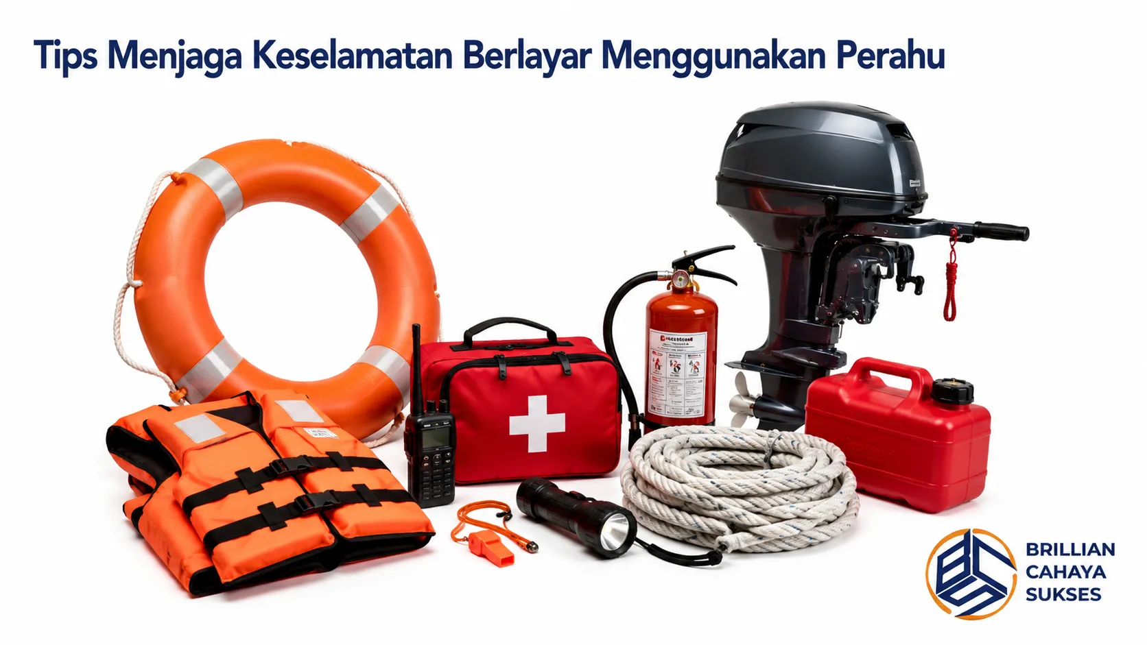 Perlengkapan keselamatan berlayar seperti mesin tempel, jaket pelampung, pelampung cincin, kotak P3K, APAR, tali tambat, senter, dan alat komunikasi ditampilkan secara realistis di atas latar putih.
