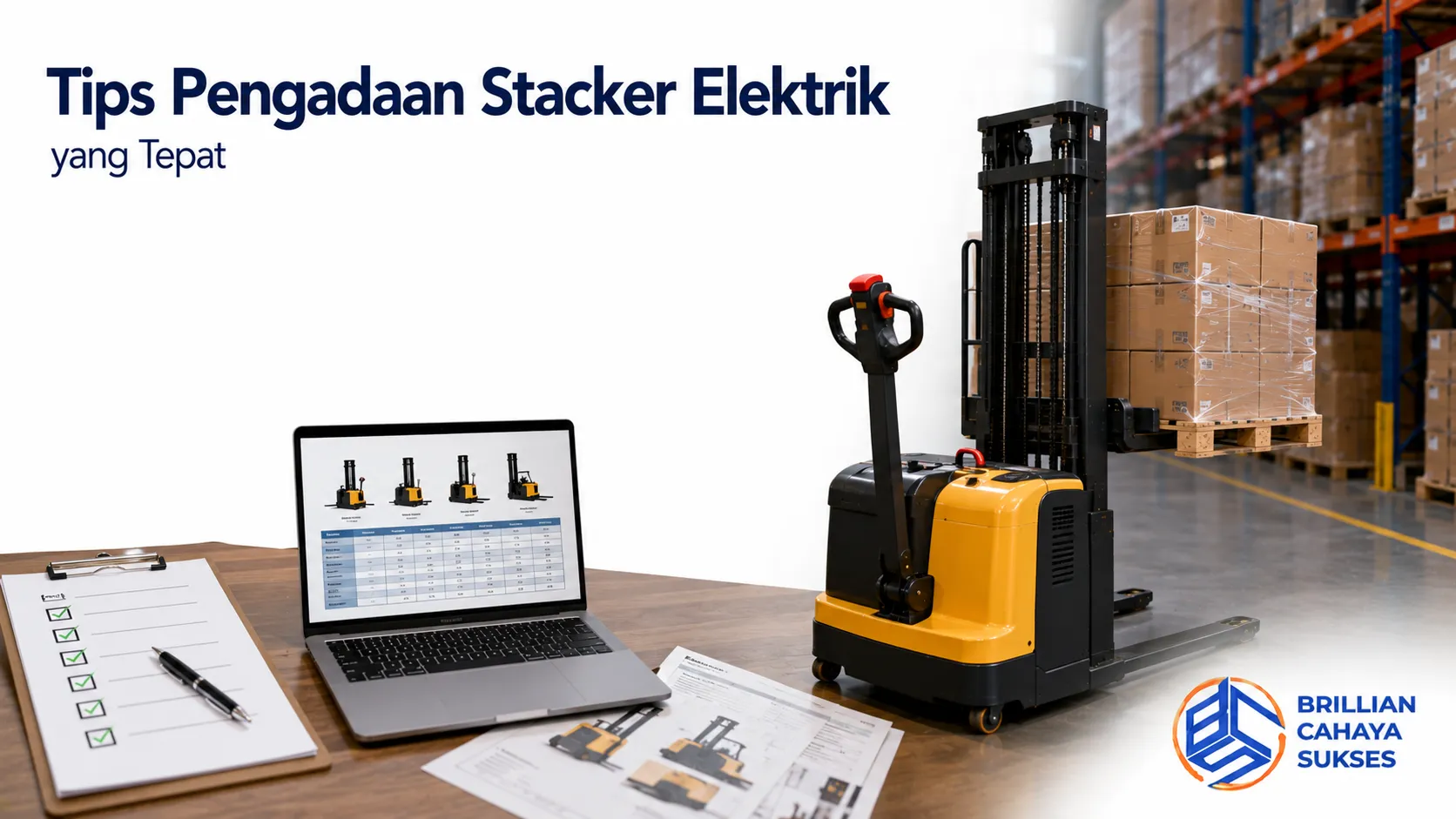 Stacker elektrik di area gudang modern dengan dokumen spesifikasi sebagai ilustrasi pengadaan alat material handling.