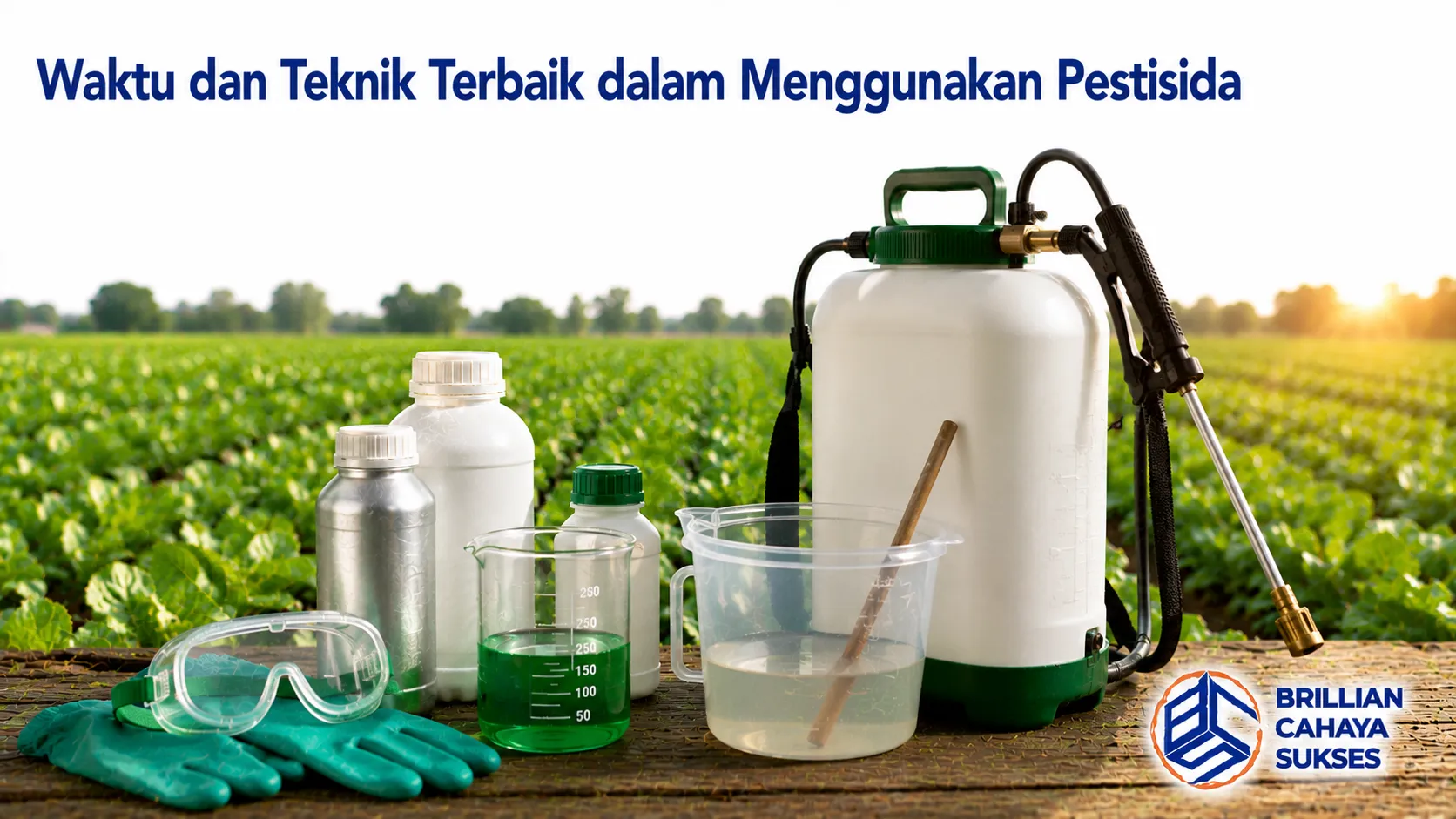 Peralatan aplikasi dan produk pestisida sebagai ilustrasi waktu dan teknik penyemprotan yang tepat untuk mendukung perlindungan tanaman.