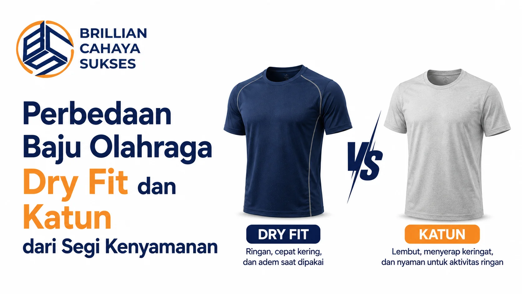 Ilustrasi perbedaan baju olahraga Dry Fit dan katun dari segi kenyamanan dengan logo Brillian Cahaya Sukses