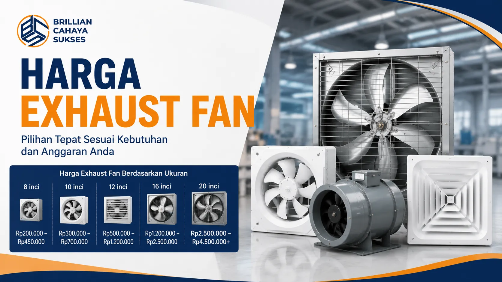 Harga Exhaust Fan berdasarkan ukuran, kapasitas airflow, dan spesifikasi untuk kebutuhan rumah, kantor, hingga industri