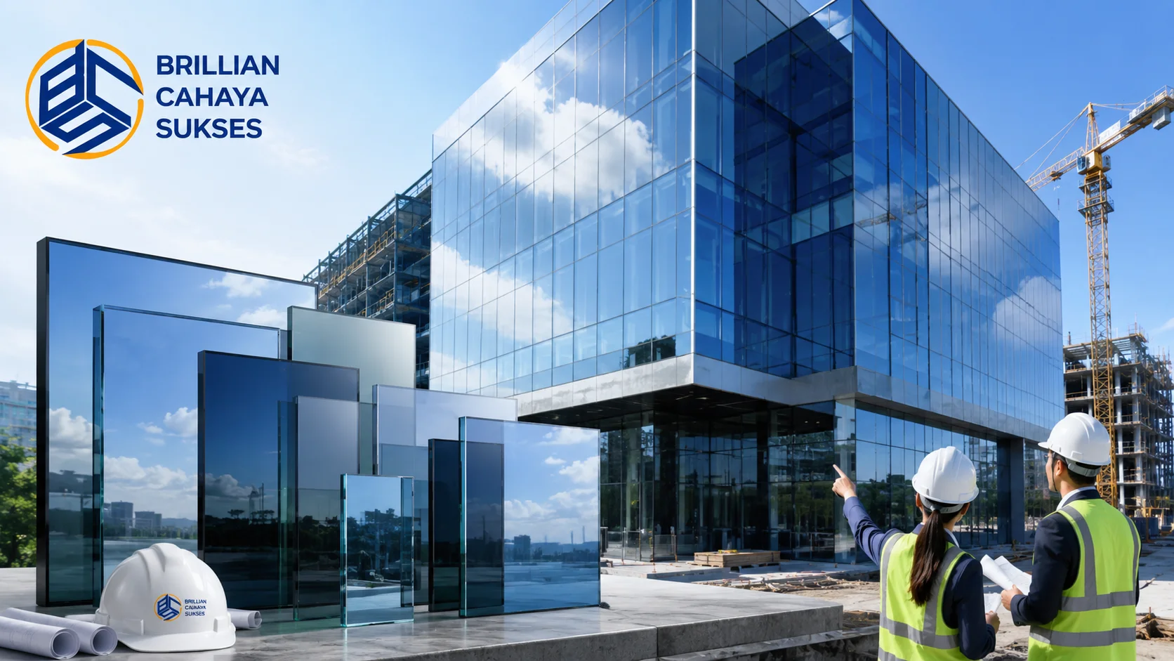 Gedung modern dengan fasad kaca reflektif berwarna biru dan silver, menampilkan berbagai produk kaca reflektif untuk proyek konstruksi komersial dengan logo Brillian Cahaya Sukses.