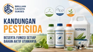 Feature image Kandungan Pestisida Beserta Fungsi Setiap Bahan Aktif Utamanya menampilkan ilustrasi berbagai jenis pestisida, bahan aktif untuk insektisida, fungisida, dan herbisida, serta logo Brillian Cahaya Sukses.