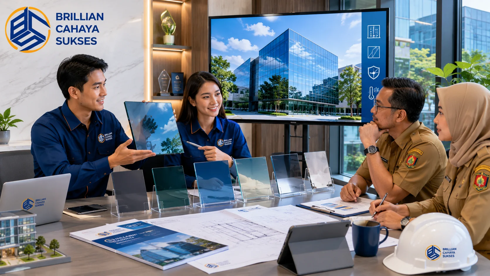Tim konsultan Brillian Cahaya Sukses memberikan rekomendasi produk kaca reflektif premium kepada klien proyek pemerintah dengan menampilkan berbagai sampel kaca reflektif di ruang meeting modern.