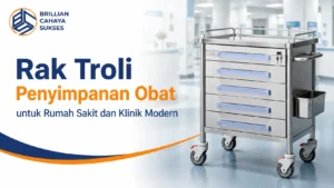 Rak Troli Penyimpanan Obat stainless steel untuk rumah sakit dan klinik modern dengan laci penyimpanan serta roda berkualitas.