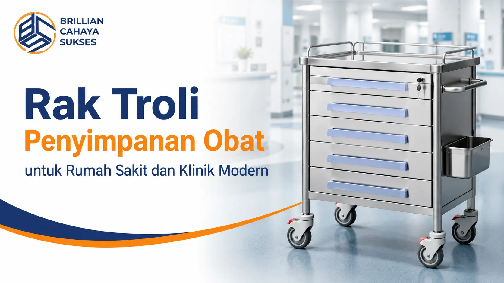 Rak Troli Penyimpanan Obat stainless steel untuk rumah sakit dan klinik modern dengan laci penyimpanan serta roda berkualitas.