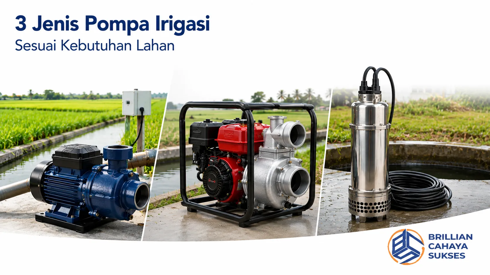 Tiga jenis pompa air irigasi untuk kebutuhan lahan pertanian dengan sistem pengairan yang berbeda.