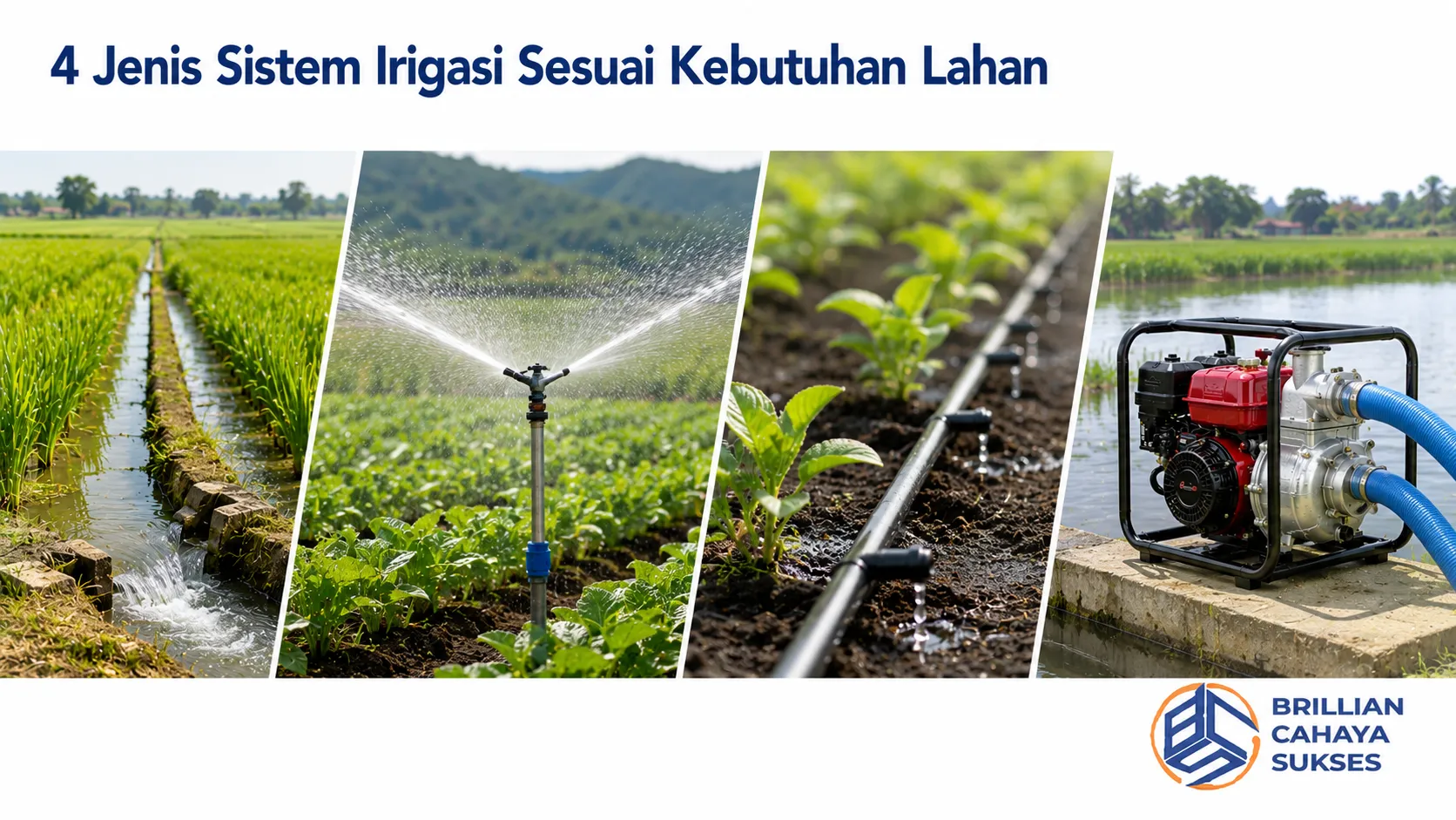 Empat jenis sistem irigasi untuk kebutuhan lahan pertanian dengan metode distribusi air yang berbeda.